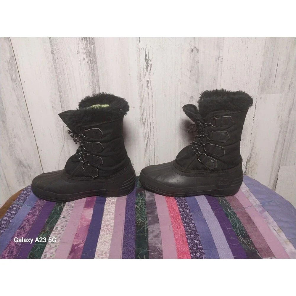 Sorel Kaufman Canada Black Rubber Nylon Winter Lined Snow Boots Womens Size 7